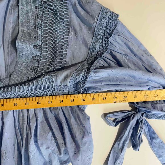 Free People Drive You Mad Blouse Blue Crochet Puff Sleeve Southern Bell Western - Picture 13 of 16